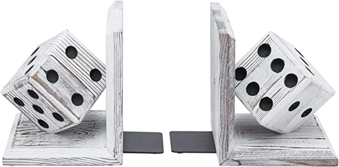 Vintage White Sturdy Book Stands, Decorative Bookends with Gaming Dice Sculpture, 1 Pair-MyGift