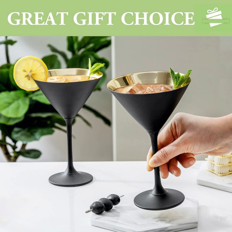 Set of 2, Matte Black and Metallic Gold Tone Plated Martini Glasses,  Drinking Glass for Cocktail Party or Special Event