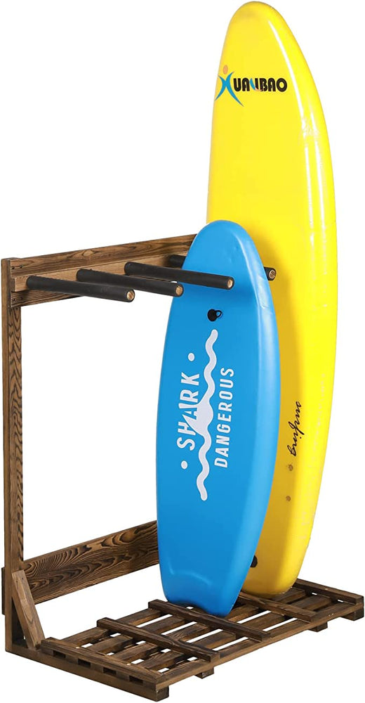 4-Ft Rustic Burnt Wood Freestanding Vertical Surfboard Rack, Wakeboard SUP Paddleboard Storage Rack-MyGift