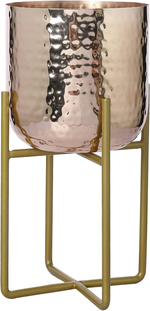 Textured Pattern Copper Tone Metal Flower Pots, Planters With Bracket-MyGift