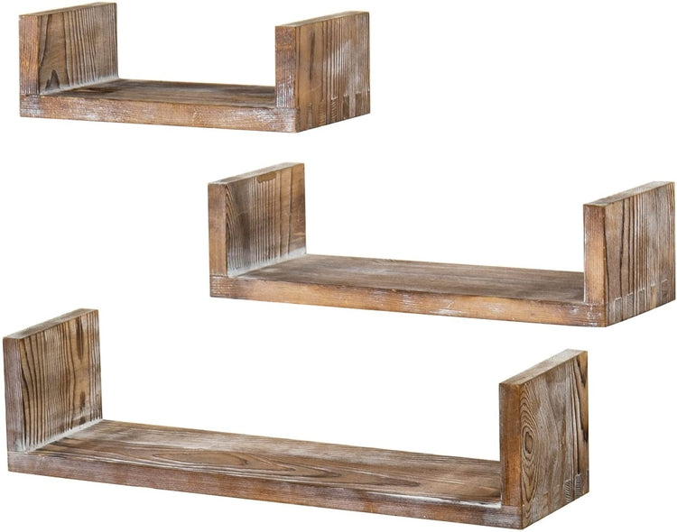 Set of 3, Brown Wood 3-Tier Collectibles Figurine Display Risers, U Shaped Floating Shelf-MyGift