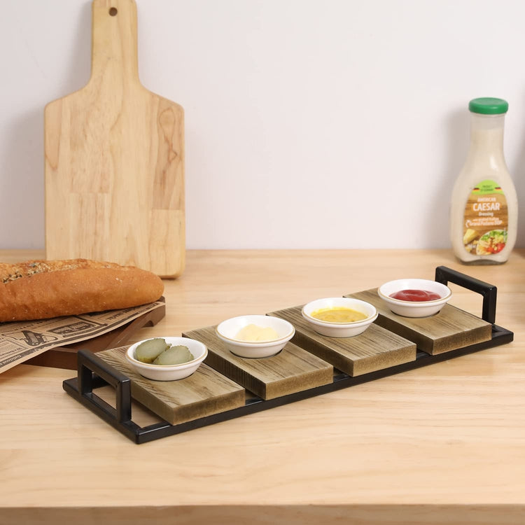 Burnt Wood, Black Metal Kitchen Sauce Tray with Handles White Ceramic Gold Rimmed Bowls for Dips, Sauces or Appetizers-MyGift