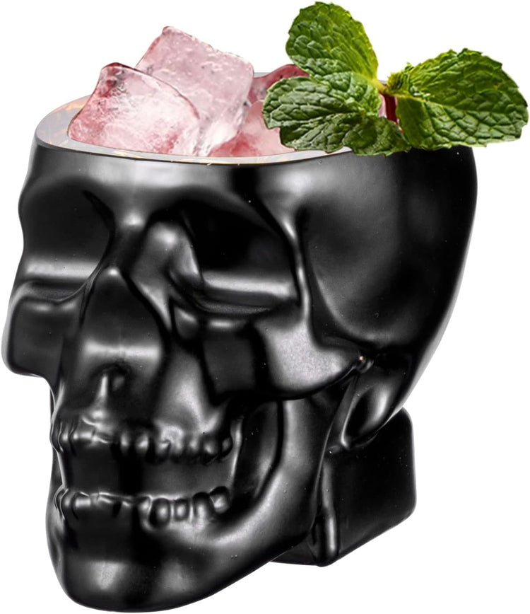 Set of 6, Skull Shaped Shot Glasses in Matte Black and Gold Tone, Spooky Halloween Skeleton Face Liquor Shooter Glass-MyGift