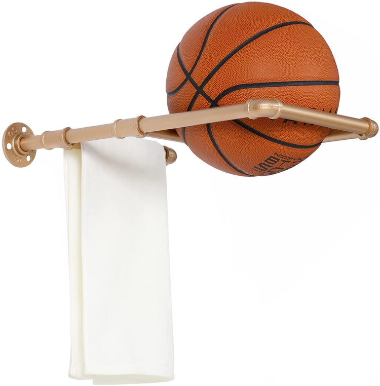 Wall Mounted Gold Tone Metal Industrial Pipe Display Rack for Exercise and Sports Balls-MyGift