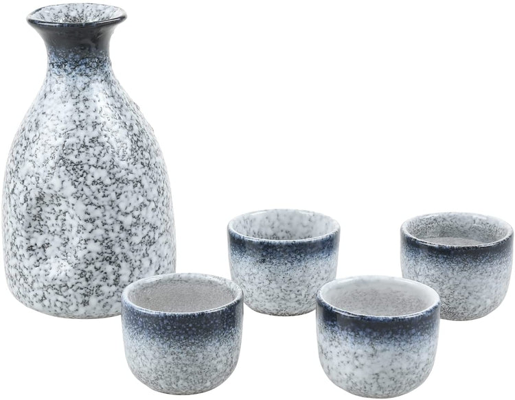 5 Piece Sake Drinking Glass Set, Blue and White Speckled Ceramic Japanese Sake Set, Serving Carafe and 4 Shot Glasses-MyGift