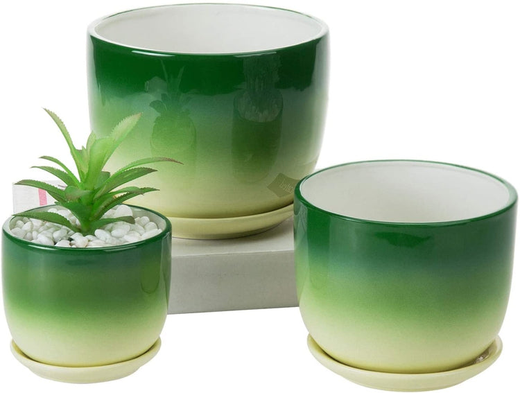 Set of 3 Round Green and Yellow Glazed Ceramic Flower Planter Pots with Attached Saucers-MyGift