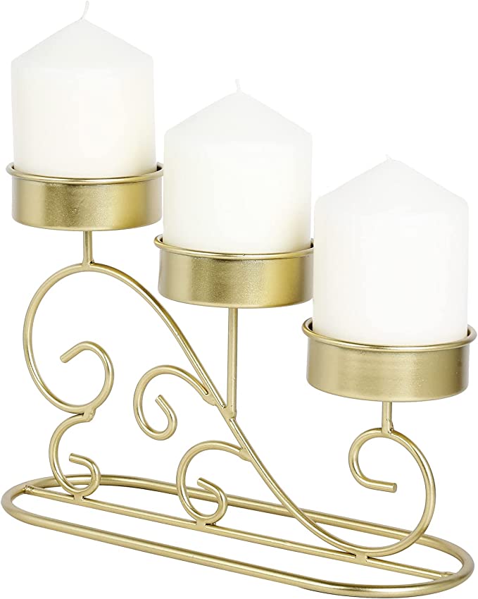 Tabletop Tiered Brass Tone Metal Pillar Candle Holder with Vintage Scrollwork Design-MyGift