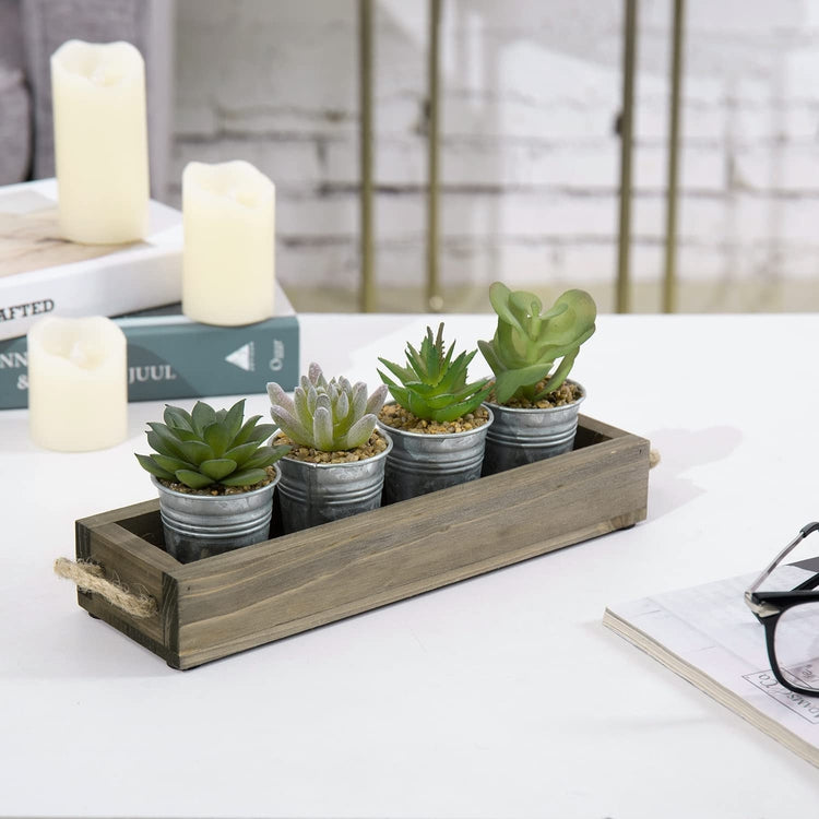 Assorted Mini Artificial Succulent Plants in Galvanized Metal Planter Pots with Gray Wood Tray-MyGift