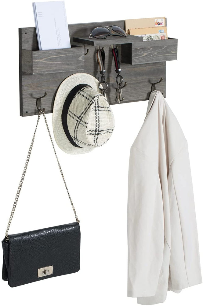 Gray Wood Wall Mounted Entryway Organizer Rack with Antique Coat Hangers, Key Hooks, Display Shelf and Mail Sorter Bins-MyGift