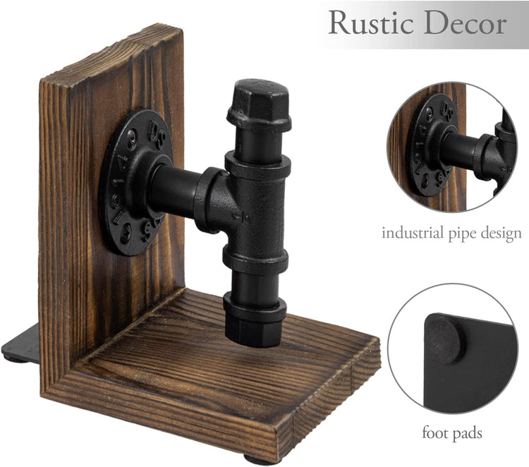 Set of 2, Burnt Wood Decorative Bookends with Industrial Black Metal Pipe Design, L Shaped Bookends-MyGift