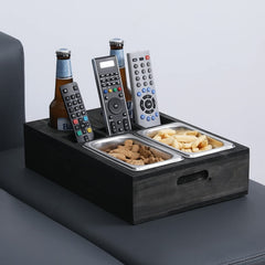 MyGift Weathered Gray Wood Sofa Snack Caddy, All-One Serving Crate Tray with 2 Cup Holders and 3 Remote Control Slots