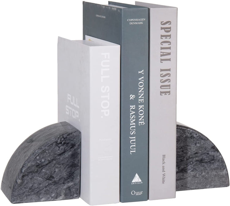 Set of 2, Black Marble Bookends, Decorative Heavy Stone Rounded Design Non-Slip Book Stopper Bookends-MyGift