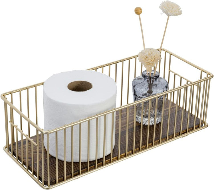 Brass-Tone Metal Wire Toilet Paper Holder Basket with Burnt Wood Base, Toilet Tank Top Organizer Tray Toiletries Storage-MyGift