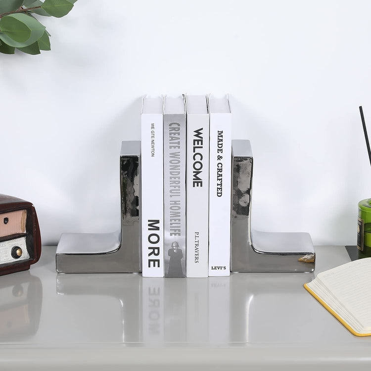 Metallic Silver Ceramic L-shape Decorative Bookends, Modern Design Office Desk Book Stand, 1-Pair-MyGift