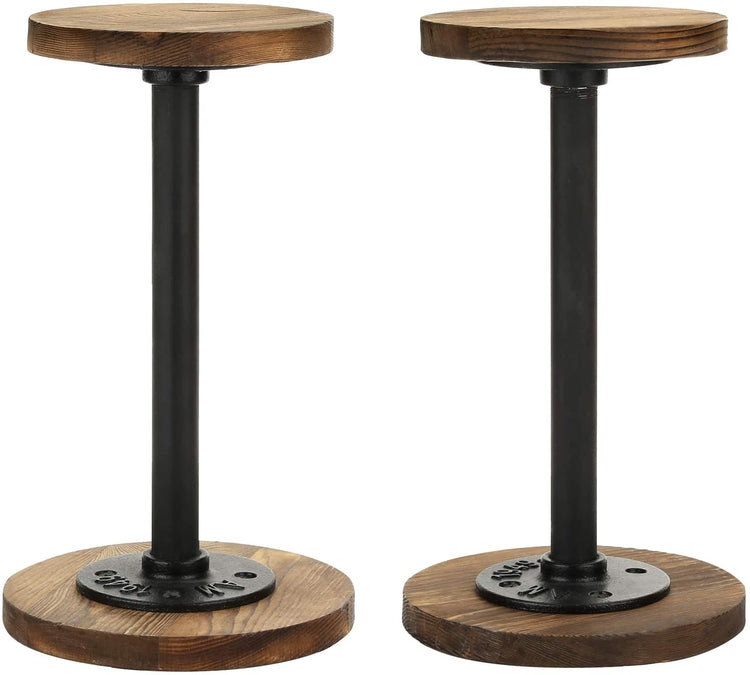Set of 2, Metal Pipe and Dark Brown Burnt Wood Tabletop Hat Holder Racks, Jewelry Pedestal Risers-MyGift