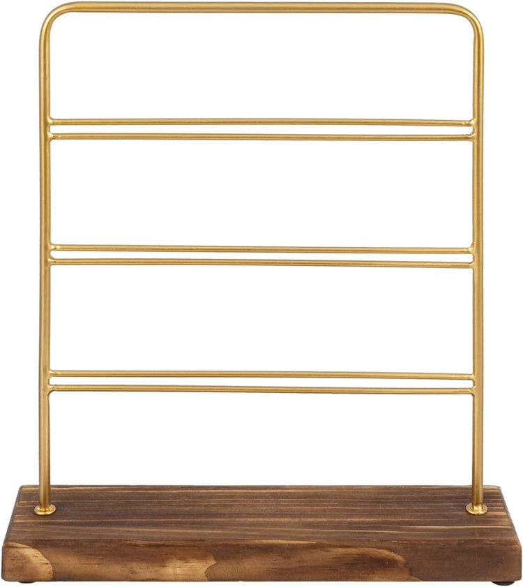 3 Tier Vintage Brass Tone Metal and Burnt Wood Earring Holder, Jewelry Organizer Display Tower-MyGift