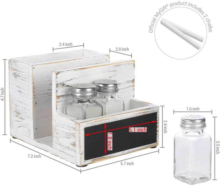All-in-one Whitewashed Wood Condiment Serving Caddy with Napkin Holder, Utensil Organizer, 3 Salt & Pepper Shakers and Chalkboard Surface-MyGift