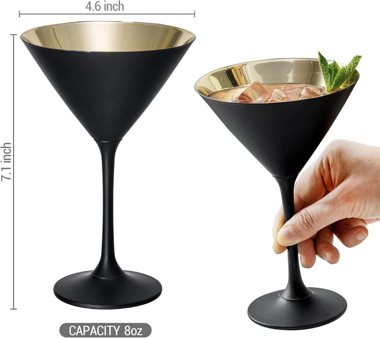 Set of 2, Matte Black and Metallic Gold Tone Plated Martini Glasses, Drinking Glass for Cocktail Party or Special Event-MyGift