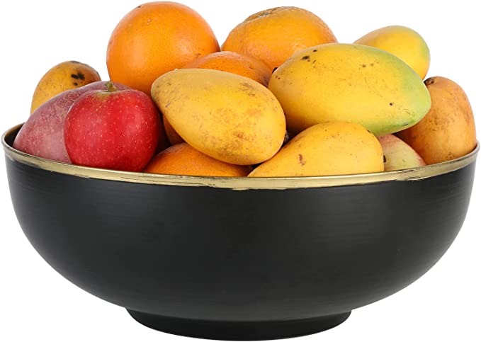 Black Metal Home Decor Decorative Bowl, 10 Inch Decorative Fruit Bowl with Gold Rim-MyGift