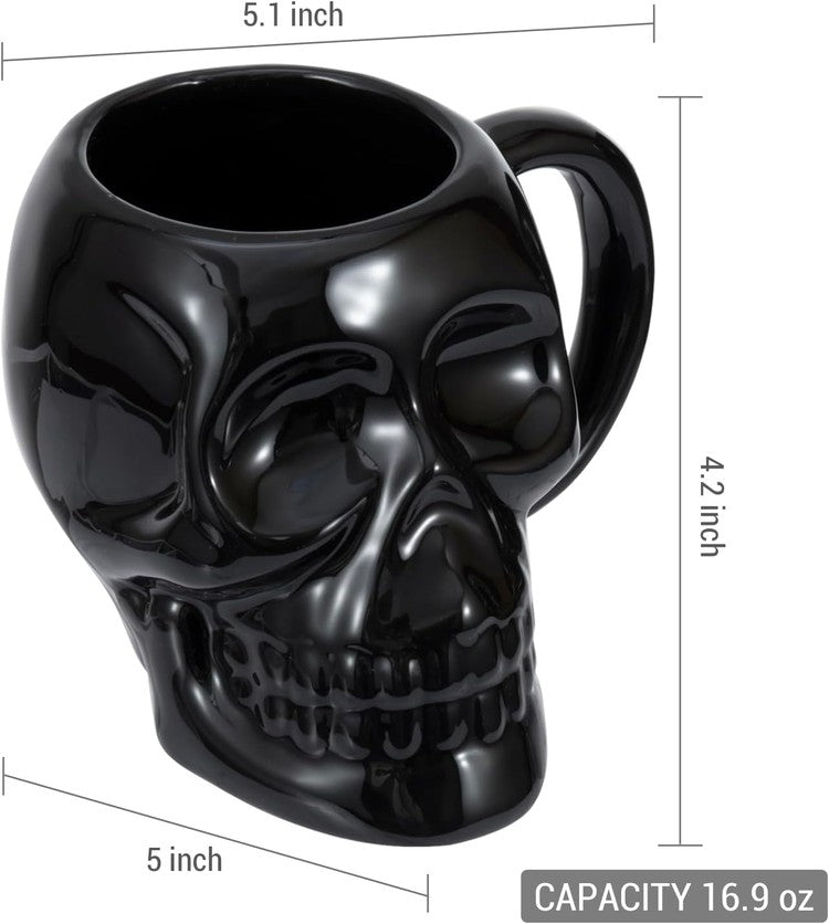 Set of 2, Gothic Novelty Drinkware, Goth Skull Shaped Black Glazed Ceramic Mugs, Halloween Skeleton Head Cups-MyGift