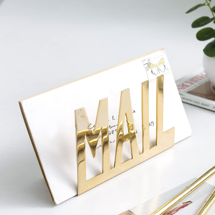 Gold Tone Metal Mail Holder, Desktop Letter Sorter with MAIL Cutout Design-MyGift