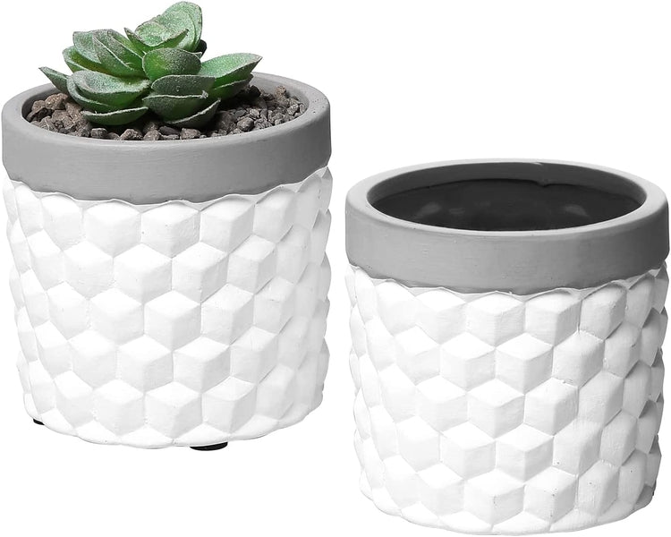 Set of 2, Concrete Planter Flower Pots with White Geometric Embossed Pattern Design and Gray Rim-MyGift