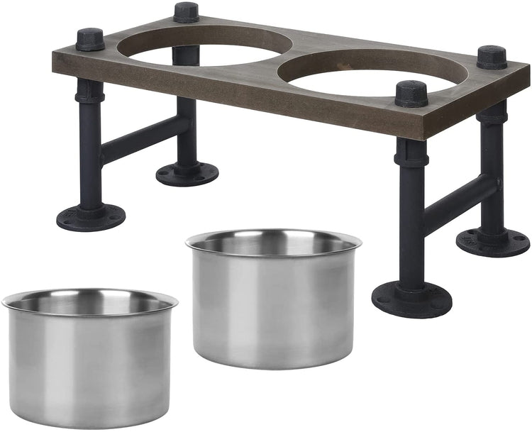Weathered Gray Wood Raised Dog Bowls for Medium Dogs, Pet Feeder Station with 2 Stainless Steel Bowls-MyGift