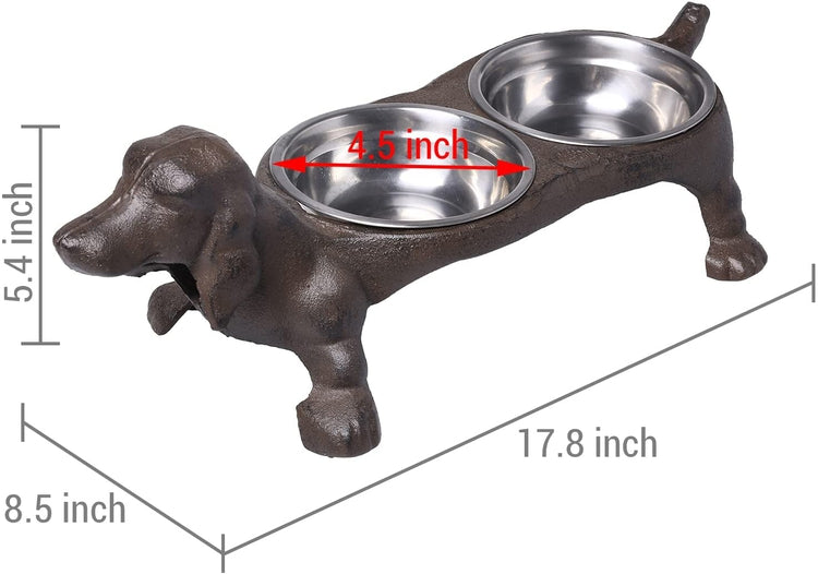 Rustic Cast Iron Dachshund Hot Dog Design Small Pet Feeder with 2 Stainless Steel Bowls-MyGift
