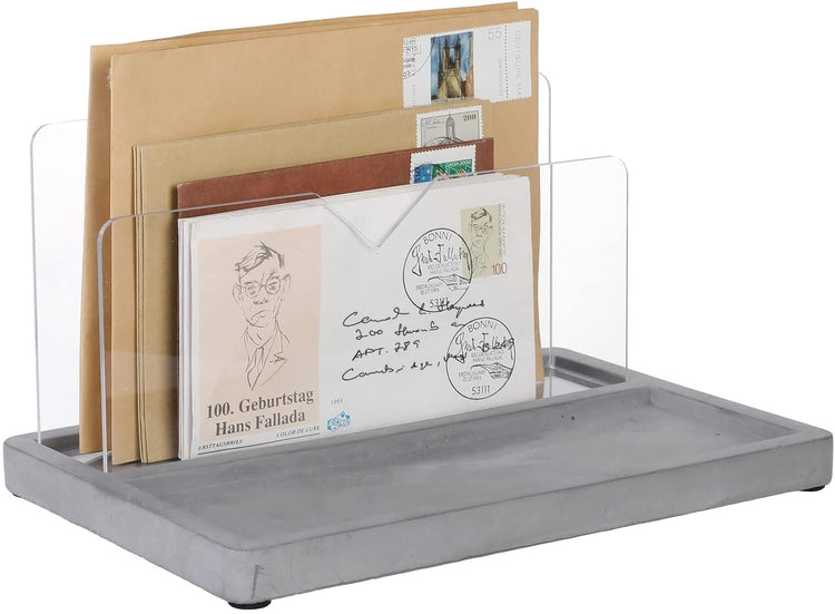 Desk Mail Sorter, Industrial Concrete Gray and Clear Acrylic Stationery Organizer, Letter Holder and Supply Storage Tray-MyGift