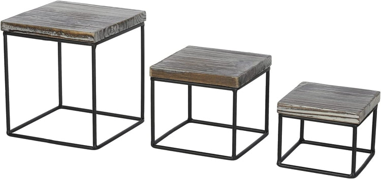 Set of 3, Torched Wood and Black Metal Square Cupcake Stands, Food Dessert Display Risers, Retail Merchandise Stands-MyGift