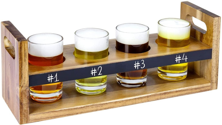 Beer Flight Serving Set, Acacia Wood Serving Caddy Tray with Chalkboard Panel and 4 Tasting Glasses-MyGift