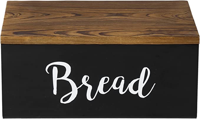 Black Acrylic Bread Box with Burnt Wood Lid, Countertop Pastry Storage Container with Cursive BREAD Label-MyGift