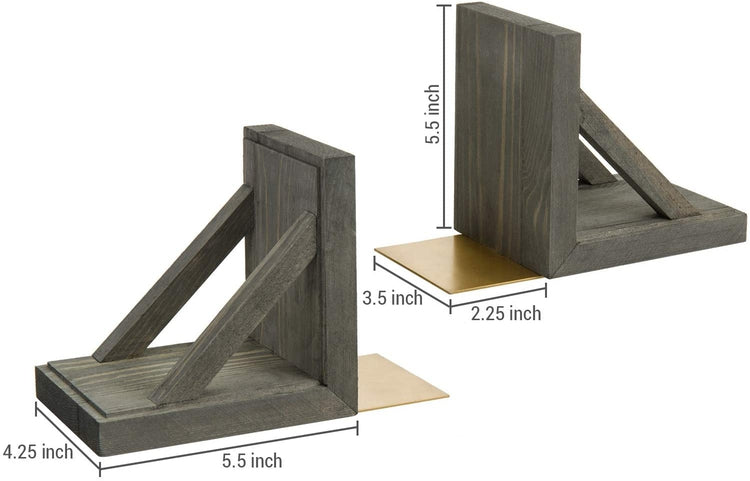 2-Piece Set Gray Wood and Brass Metal Decorative Desktop Bookends-MyGift