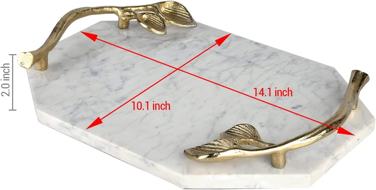 White Marble Tray with Brass Tone Leaf Shaped Handles, Elegant Decorative Tray Home Decoration-MyGift