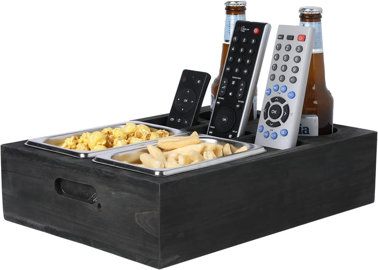 Weathered Gray Wood Sofa Snack Caddy, All-One Serving Crate Tray with 2 Cup Holders and 3 Remote Control Slots-MyGift
