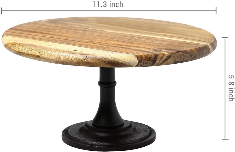 11 inch Natural Acacia Wood Round Cake Stand, Dessert Serving Display Pedestal with Black Base-MyGift