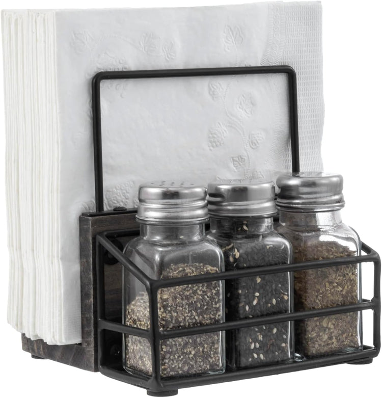 Vintage Gray Wood and Black Metal Napkin Holder and Spice Rack w/ 3 Glass Shakers-MyGift