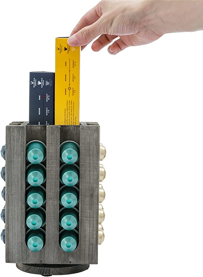 Vintage Gray Wood Rotating Coffee Capsule Holder - Holds 40 Capsules and 4 Refill Sleeves-MyGift