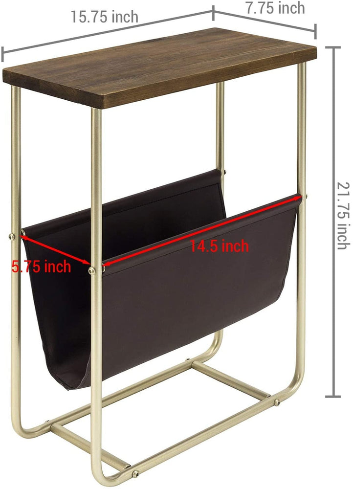 Dark Brown Burnt Wood and Brass Tone Metal Side Table with Leatherette Magazine Holder Sling-MyGift