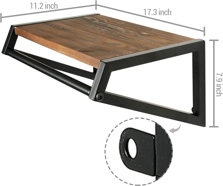 Wall Mounted Clothing Garment Rack with Floating Shelf, Brown Wood and Metal Clothes Hanger Rod-MyGift