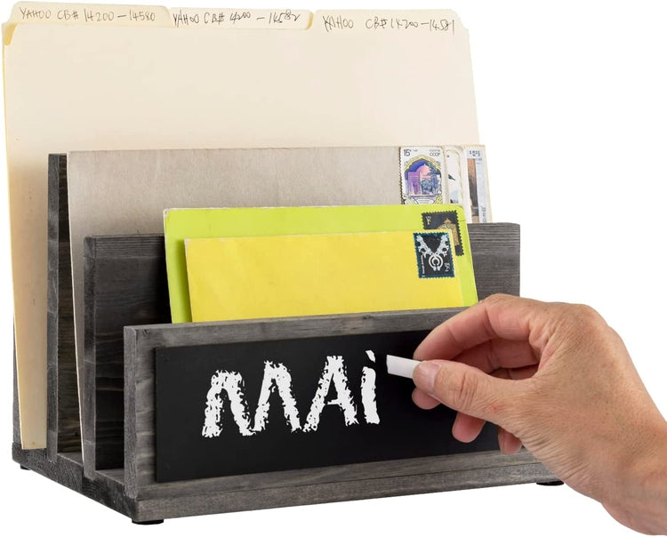 3 Slot Mail Sorter, Gray Wood Letter Organizer, Document Desk Filing Folder Storage Holder with Chalkboard Label-MyGift