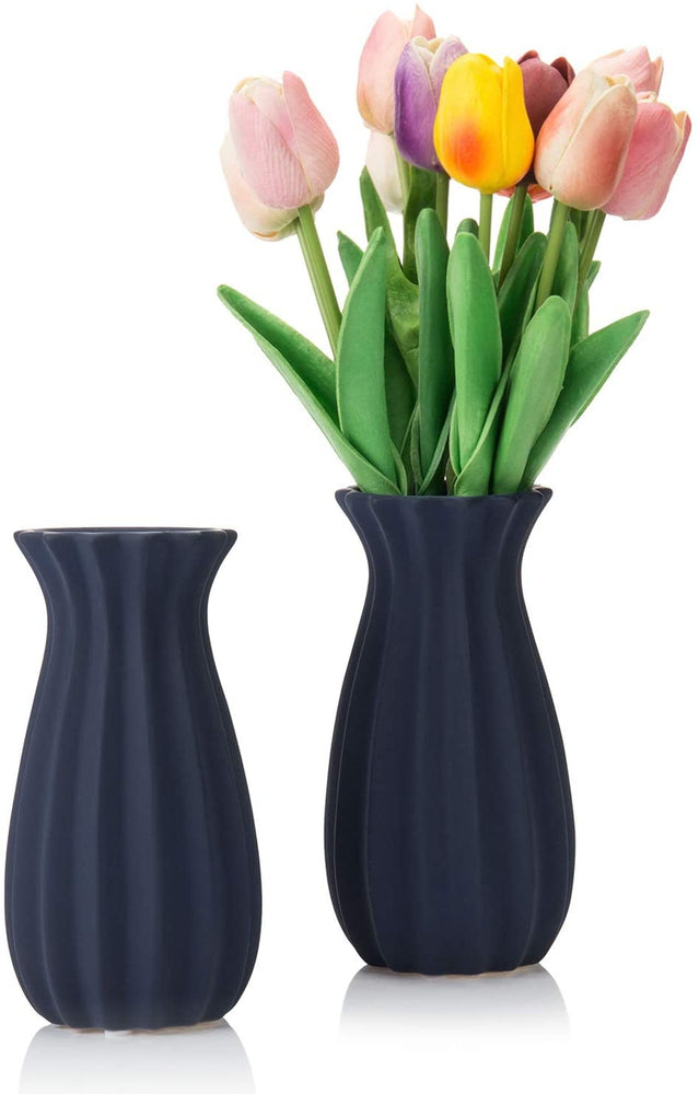 Set of 2, Matte Navy Blue Tulip Design Ribbed Ceramic Flower Vases-MyGift