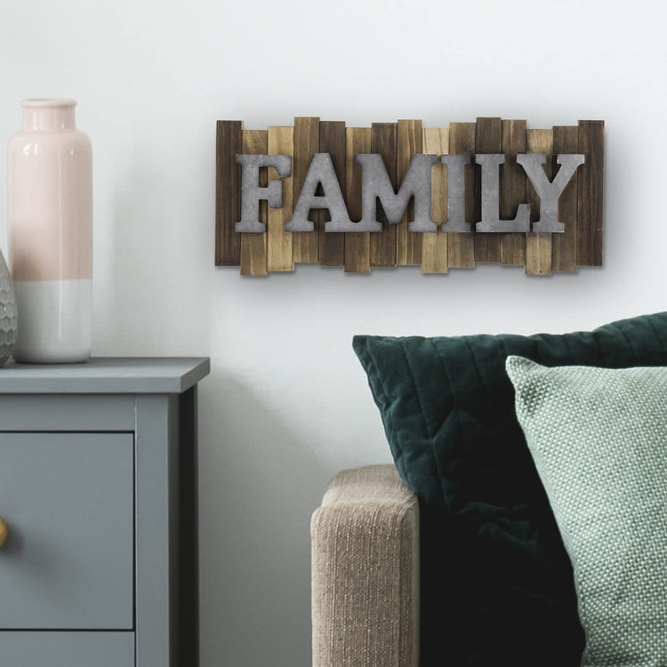 FAMILY Wall Mounted Sign, Wood and Galvanized Metal Embossed Raised Letters, Striped Plaque Art-MyGift