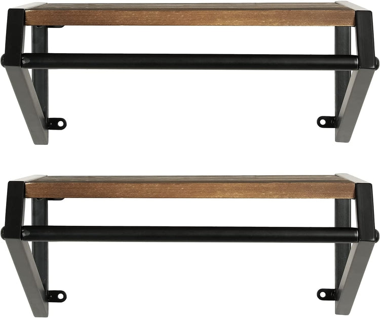 Wall Mounted Clothing Garment Rack with Floating Shelf, Brown Wood and Metal Clothes Hanger Rod-MyGift