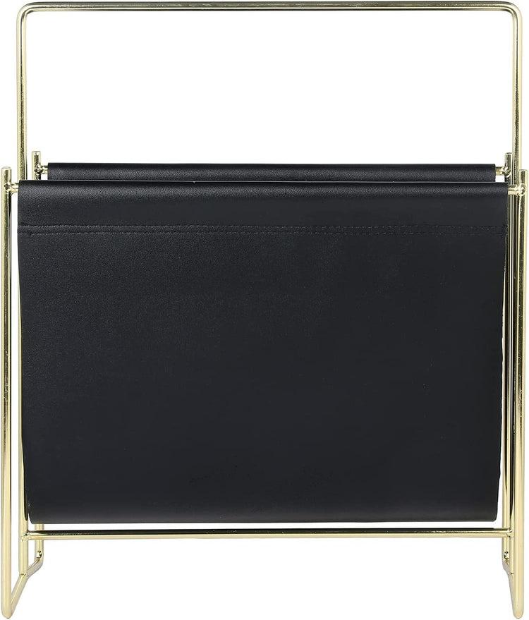 Brass Plated Wire and Black Leatherette Sling Rack, Freestanding Magaz ...