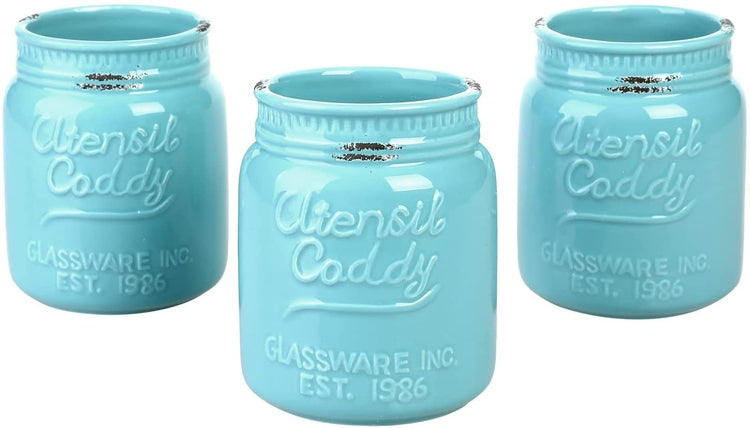 Set of 3, Aqua Ceramic Embossed Mason Jar Kitchen Utensil Flatware Caddy-MyGift
