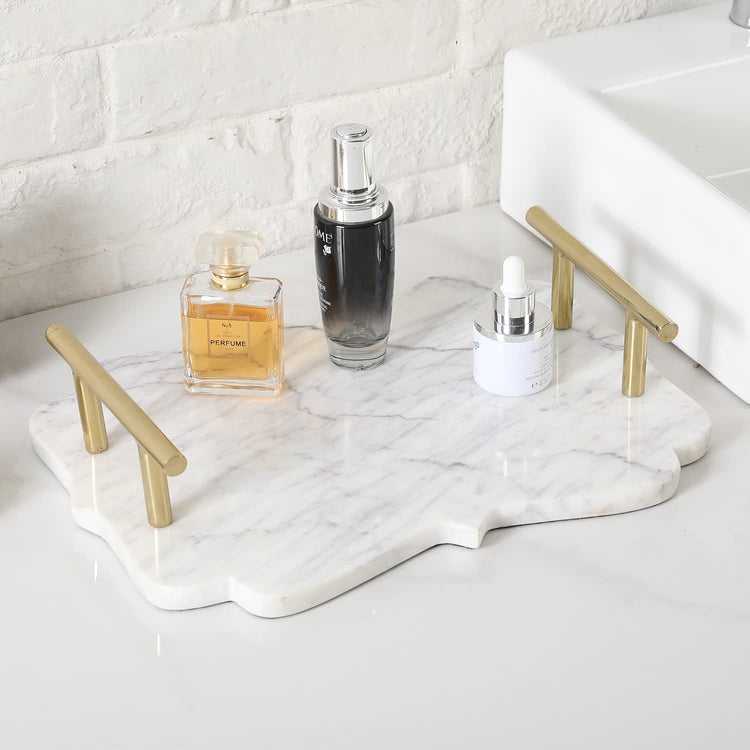 White Marble Serving Tray with Brass Tone Handles, Elegant Decorative Tray Home Decoration-MyGift