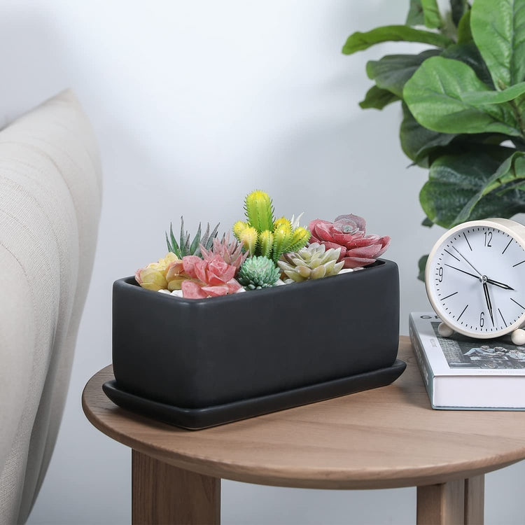 10 Inch Matte Black Ceramic Succulent Planter, Decorative Window Box Rectangular Indoor Pot with Removable Drip Tray-MyGift