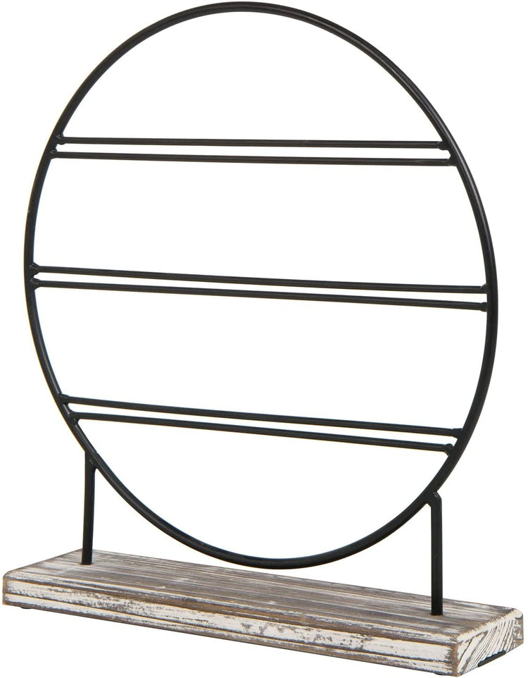 3-Tier Tabletop Earring Holder, Torched Wood and Matte Black Metal Circular Jewelry Hanger Stand-MyGift