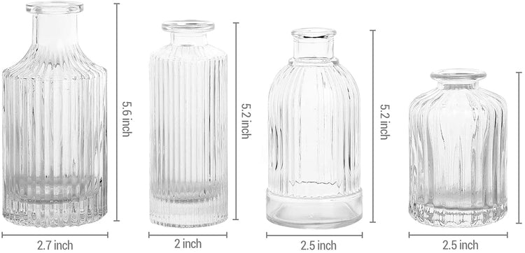 Clear Glass Reed Diffuser Bottle, Small Flower Bud Vase, Apothecary Ribbed Decorative Bottles, 4 Piece Set-MyGift